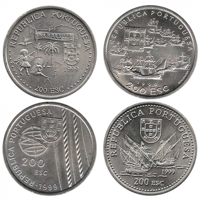 Набор монет Португалия (4 монеты по 200 эскудо) 1999 год &quot;Экспедиция португальцев в Бразилию&quot;, XF